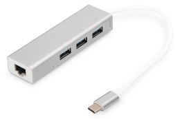 Digitus HUB/Koncentrator DIGITUS 3-portowy USB Typ C, USB A HighSpeed z Gigabit LAN aluminium