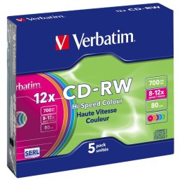 VERBATIM CD-RW Verbatim 700MB Colour X12 (5 Slim)