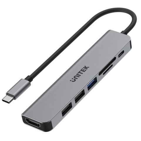 UNITEK Hub USB-C Unitek H1118A 7w1, HDMI 4K, 3x USB-A, USB-C PD 100W, alu