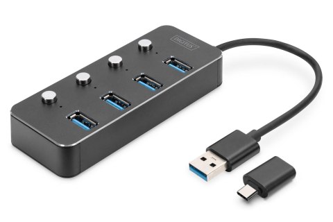 Digitus Hub USB 3.0/Koncentrator DIGITUS 4-portowy USB A + adapter USB-C 5Gbps z wyłącznikami aluminiowy pasywny