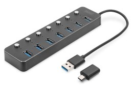 Digitus Hub USB 3.0/Koncentrator DIGITUS 7-portowy USB A + adapter USB-C 5Gbps z wyłącznikami aluminiowy aktywny