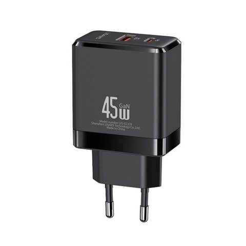 USAMS Ładowarka sieciowa Usams US-CC178 45W GaN 1xUSB-C + 1xUSB PD 3.0 QC 3.0 bez kabla - czarna