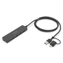 Digitus Hub USB 3.0/Koncentrator DIGITUS 4-portowy SlimLine USB A + adapter USB-C 1,2m 5Gbps złącze zasilania USB-C