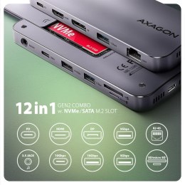 AXAGON HMC-12GM2 hub USB 12 in1 10Gbps, 3x USB-A, USB-C, HDMI, DP, RJ-45, M.2, SD/mSD, audio, PD