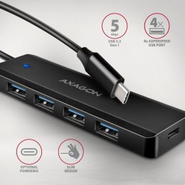 AXAGON HUE-C1C 4-portowy hub USB 5Gbps Travel, USB-C power IN, kabel Type-C 19cm, USB-C dodatkowe zasilanie