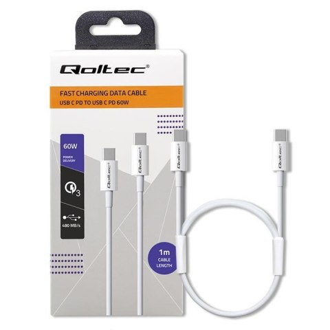 Qoltec Kabel USB Qoltec 2.0 typ C | USB 2.0 typ C 60W | QC 3.0 | PD | 1m | Biały