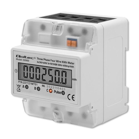 Qoltec Miernik zużycia energii Qoltec na szynę DIN | trójfazowy elektroniczny licznik | 400V | LCD | 4P