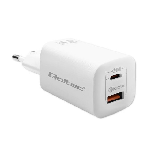 Qoltec Ładowarka sieciowa Qoltec 65W GaN ULTRA | 5-20V | 2.25-3.25A | 1 x USB typ C PD | 1 x USB QC 3.0 | Biała