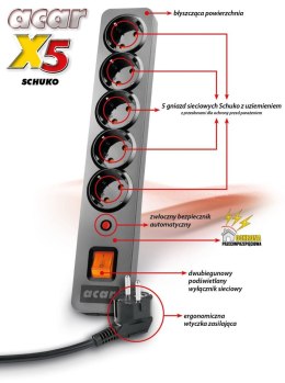 HSK Data Listwa przeciwprzepięciowa Acar X5 Schuko 5,0m szara