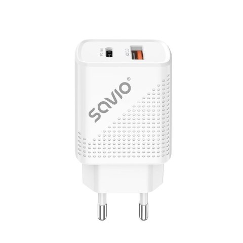 SAVIO Ładowarka sieciowa Savio LA-04 USB Quick Charge Power Delivery 3.0 18W, 1xUSB Type C, 1xUSB, biała