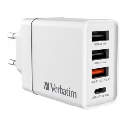 Verbatim Ładowarka sieciowa Verbatim 1xUSB-C PD 20W 1xUSB-A QC 3.0 2xUSB-A 10W UE biała