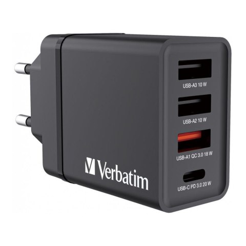 Verbatim Ładowarka sieciowa Verbatim 1xUSB-C PD 20W 1xUSB-A QC 3.0 2xUSB-A 10W UE czarna