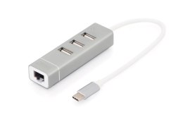 Digitus HUB/Koncentrator 3-portowy USB 2.0 HighSpeed z Typ C oraz Fast Ethernet LAN adapter, aluminium