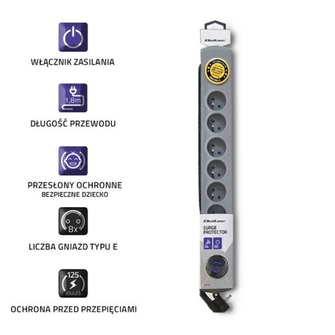Qoltec Listwa antyprzepięciowa Quick Switch, 8 gniazd, 1,8m, szara