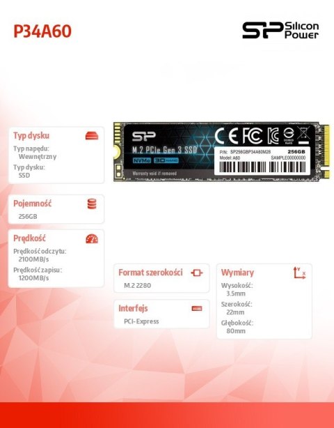 Silicon Power Dysk SSD A60 256GB M.2 PCIe 2100/1200 MB/s NVMe