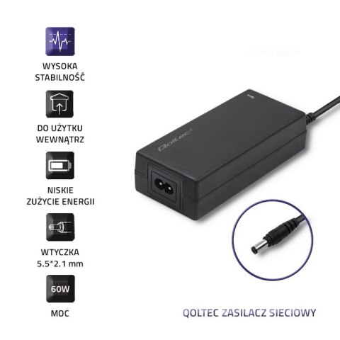 Qoltec Zasilacz desktopowy 60W | 12V | 5A | 5.5*2.1 |+kabel zasilający