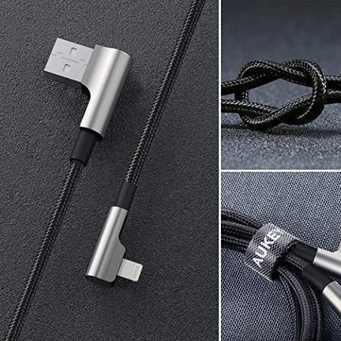 AUKEY CB-AL01 OEM kabel 90° Lightning - USB-A 2m MFi Apple kątowy wtyki 90 stopni nylonowy oplot czarny