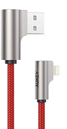 AUKEY CB-AL01 OEM kabel 90° Lightning - USB-A 2m MFi Apple kątowy wtyki 90 stopni nylonowy oplot czerwony