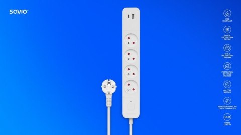 Savio Listwa zasilająca przeciwprzepięciowa 4 gniazda USB-A i USB-C, 1.5m, LZ-11