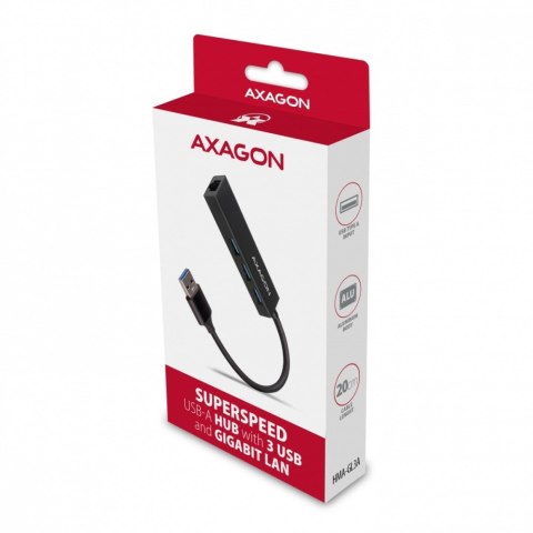AXAGON HMA-GL3A Wieloportowy hub USB 4in1, 5Gbps, 3x USB-A + GLAN, metalowy, 20cm USB-A kabel