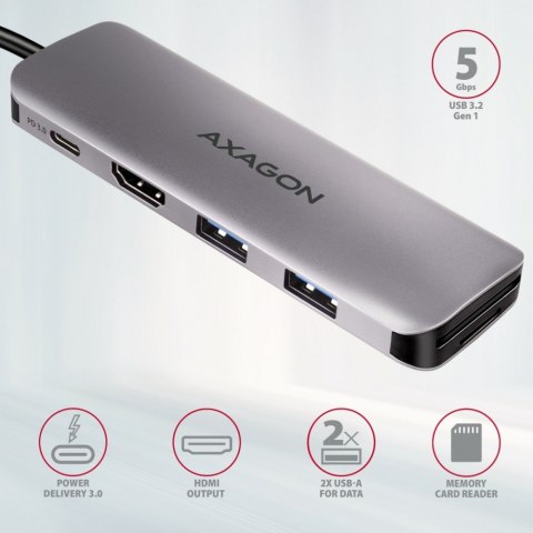 AXAGON HMC-5 Wieloportowy hub USB 5in1, 5Gbps, 2x USB-A, HDMI 4K/30Hz, SD/microSD, PD 100W, 20cm USB-C kabel