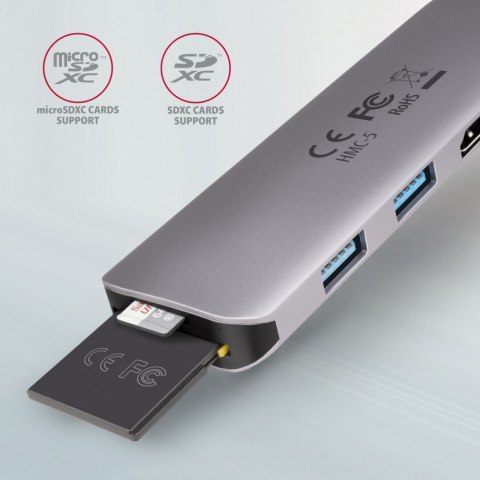 AXAGON HMC-5 Wieloportowy hub USB 5in1, 5Gbps, 2x USB-A, HDMI 4K/30Hz, SD/microSD, PD 100W, 20cm USB-C kabel