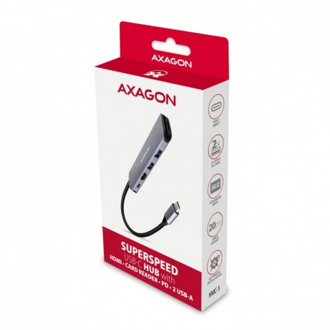 AXAGON HMC-5 Wieloportowy hub USB 5in1, 5Gbps, 2x USB-A, HDMI 4K/30Hz, SD/microSD, PD 100W, 20cm USB-C kabel
