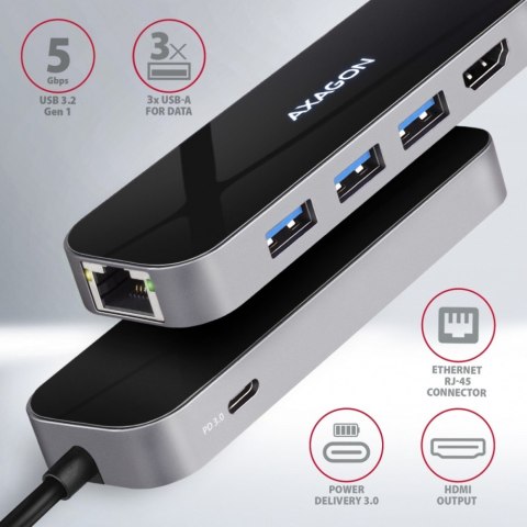 AXAGON HMC-6GL Wieloportowy hub USB 6in1, 5Gbps, 3x USB-A, HDMI 4K/30Hz, GLAN, PD 100W, 20cm USB-C kabel