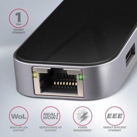 AXAGON HMC-6GL Wieloportowy hub USB 6in1, 5Gbps, 3x USB-A, HDMI 4K/30Hz, GLAN, PD 100W, 20cm USB-C kabel