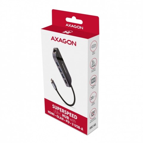 AXAGON HMC-6GL Wieloportowy hub USB 6in1, 5Gbps, 3x USB-A, HDMI 4K/30Hz, GLAN, PD 100W, 20cm USB-C kabel