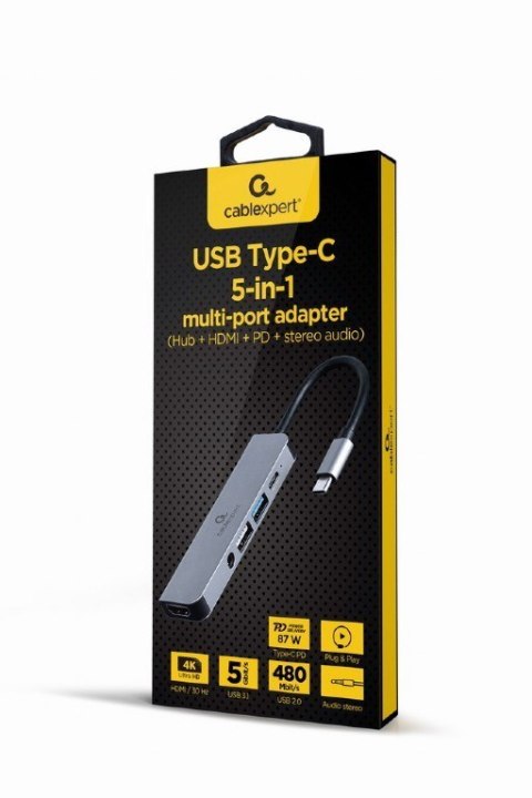 Gembird Adapter USB-C 5w1, PD, HDMI, Audio, USB 3.1, USB 2.0