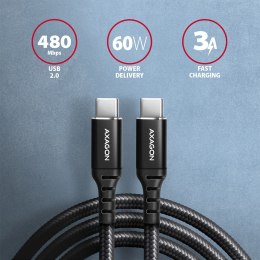 AXAGON BUCM-CM30AB Kabel USB-C - USB-C 2.0, 3m, PD 60W, 3A, ALU, oplot, Czarny