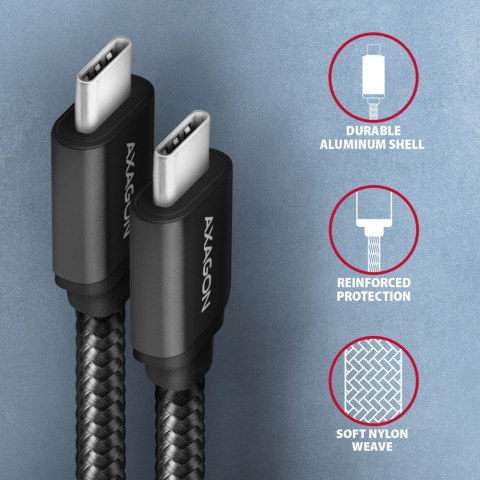 AXAGON BUCM3-CM15AB Kabel USB-C - USB-C, 1.5m, PD 60W, 3A, ALU, oplot czarny