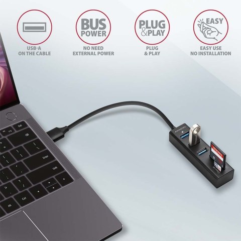 AXAGON HMA-CR3A Wieloportowy hub 3x USB-A + SD/microSD, USB3.2 Gen 1 hub, metalowy, 20cm USB-A kabel