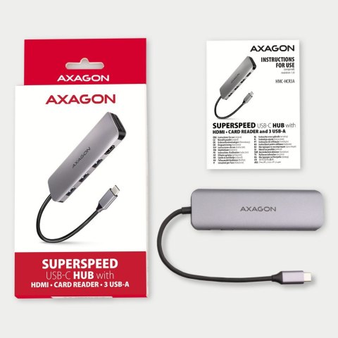 AXAGON HMC-HCR3A Wieloportowy hub 3x USB-A + HDMI + SD/microSD, USB-C 3.2 Gen1, 20cm USB-C kabel