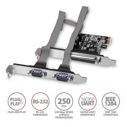 AXAGON PCEA-PSN Kontroler PCIe 1x port równoległy LPT + 2x port szeregowy RS232 250 kbps, w zestawie SP & LP