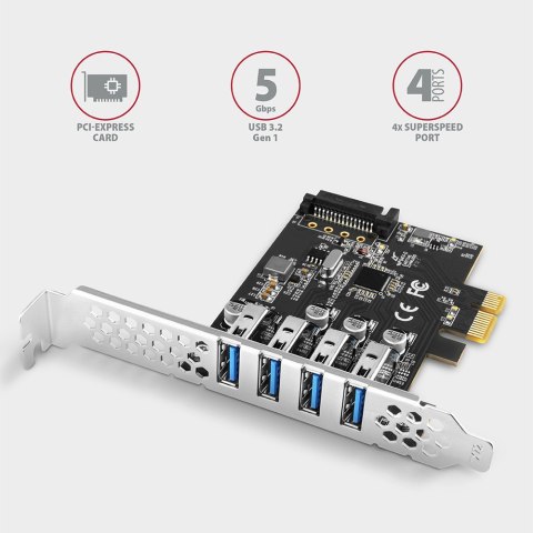 AXAGON PCEU-43RS Kontroler PCIe 4x port USB 3.2 GEN 1, UASP, chipset Renesas, 15-pin SATA zasilacz, dual power