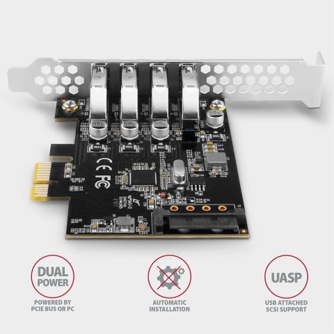 AXAGON PCEU-43RS Kontroler PCIe 4x port USB 3.2 GEN 1, UASP, chipset Renesas, 15-pin SATA zasilacz, dual power
