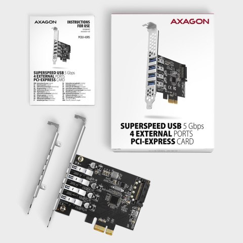 AXAGON PCEU-43RS Kontroler PCIe 4x port USB 3.2 GEN 1, UASP, chipset Renesas, 15-pin SATA zasilacz, dual power