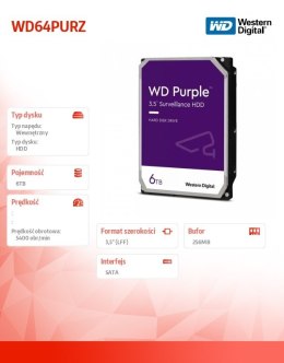 Western Digital Dysk twardy WD Purple 6TB 3,5 256 MB 5400RPM WD64PURZ