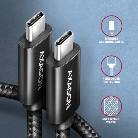 AXAGON BUCM2-CM10AB Kabel USB-C - USB-C, 1.0m 5A charging, ALU, 240W PD, oplot, USB2.0, czarny