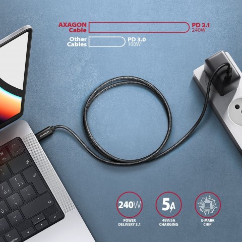 AXAGON BUCM2-CM10AB Kabel USB-C - USB-C, 1.0m 5A charging, ALU, 240W PD, oplot, USB2.0, czarny