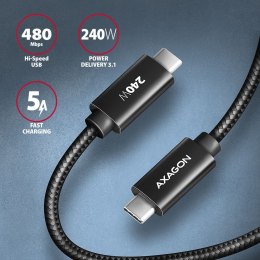 AXAGON BUCM2-CM25AB Kabel USB-C - USB-C, 2.5m 5A charging, ALU, 240W PD, oplot, USB2.0