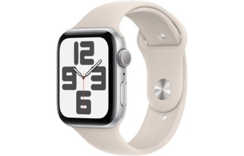 Apple Watch SE GPS, 44mm Koperta z aluminium w kolorze księżycowej poświaty z paskiem sportowym w kolorze księżycowej poświaty - M/L