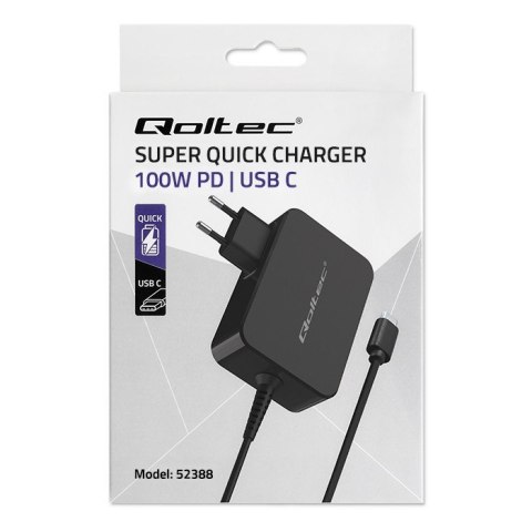 Qoltec Ładowarka GaN Power Pro | 1xUSB-C | 100W | 5-20V | 3-5A | Czarna