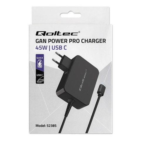 Qoltec Ładowarka GaN Power Pro | 1xUSB-C | 45W | 5-20V | 2.25-3A | Czarna