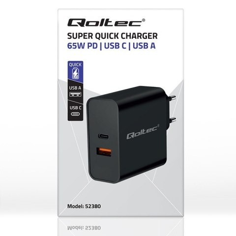 Qoltec Ładowarka Super Quick PD | 1xUSB-C | 1xUSB | 65W | 5-20V | 1.5-3.25A | Czarna