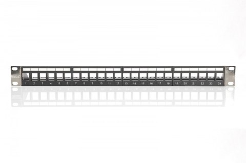 Digitus Panel krosowy (patch panel) modularny 19" 24 porty pod moduły keystone, 1U, ekranowany, prowadnica kabli, wymienne pola opisowe 