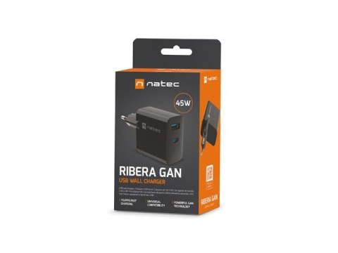 Natec Ładowarka sieciowa Ribera GAN 1X USB-A + 1X USB-C 45W Czarna