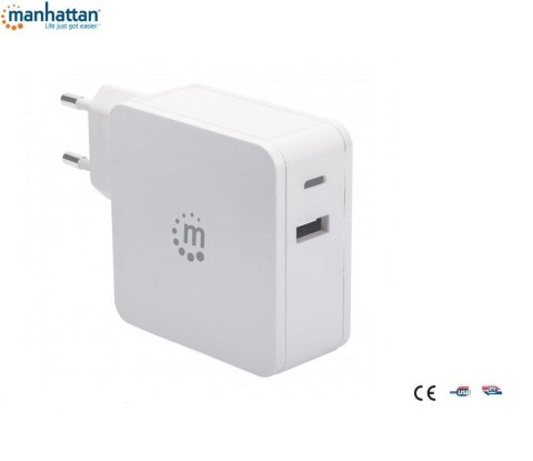 Manhattan Zasilacz sieciowy Manhattan Power Delivery 230V USB-C, 45W USB-A 5V, biały